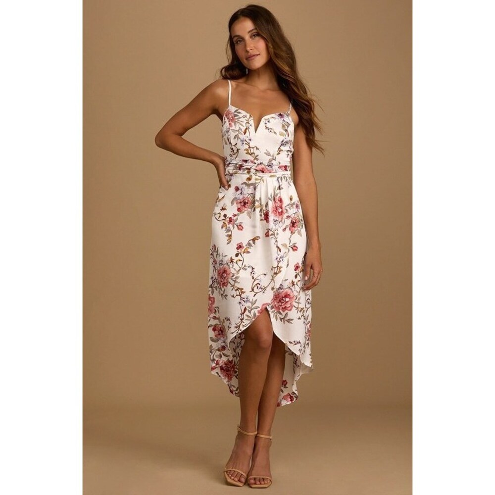 My Favorite Day Ivory Floral Print Tulip Skirt Midi Dress